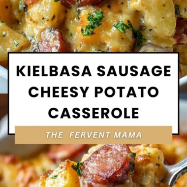 Delicious kielbasa sausage cheesy potato casserole served in a baking dish