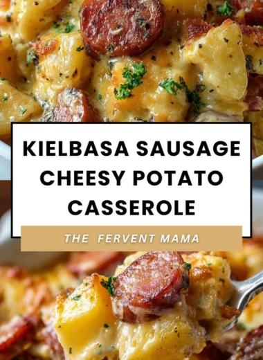 Delicious kielbasa sausage cheesy potato casserole served in a baking dish