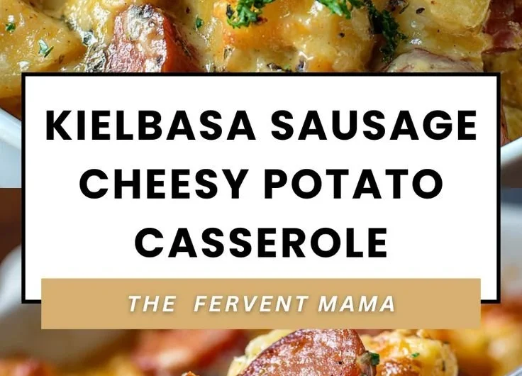 Delicious kielbasa sausage cheesy potato casserole served in a baking dish