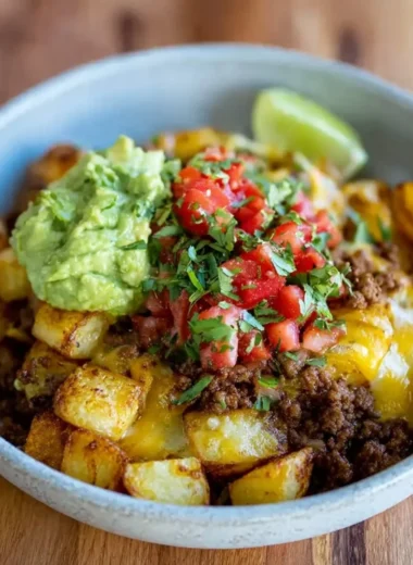 Loaded Potato Taco Bowl topped with fresh ingredients and spices