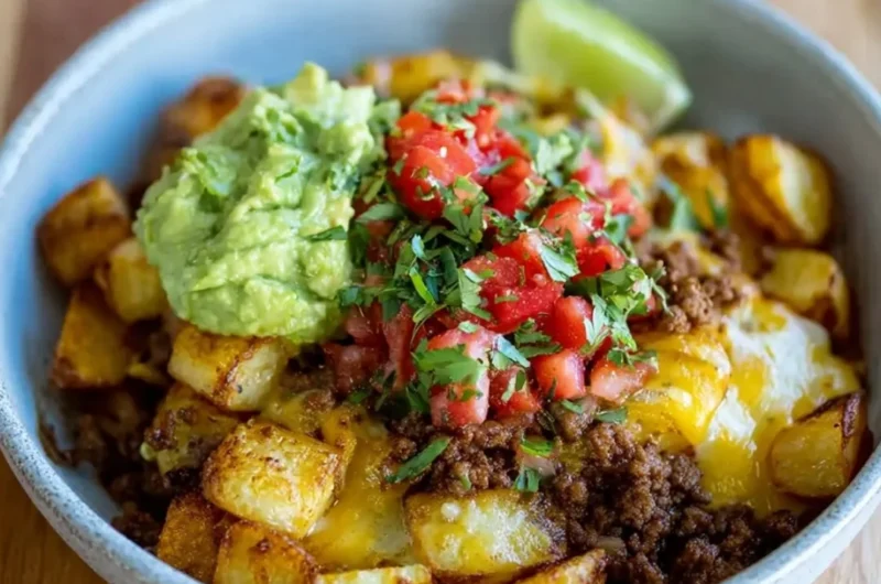 Loaded Potato Taco Bowl topped with fresh ingredients and spices