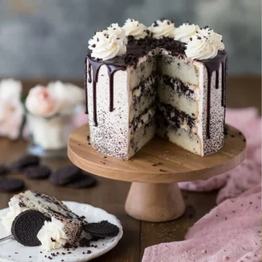 Decadent Oreo Cake topped with crumbled cookies and creamy frosting