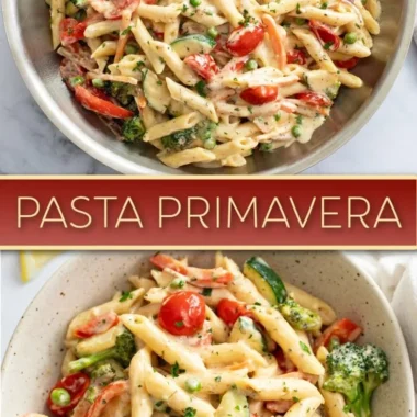Serving of Pasta Primavera with colorful vegetables and pasta
