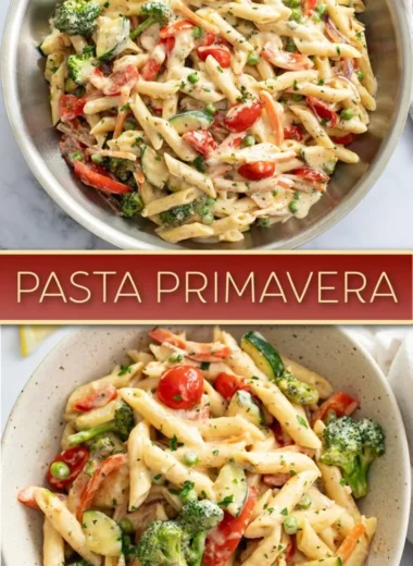 Serving of Pasta Primavera with colorful vegetables and pasta