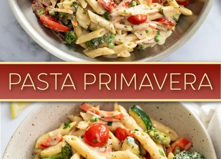 Serving of Pasta Primavera with colorful vegetables and pasta