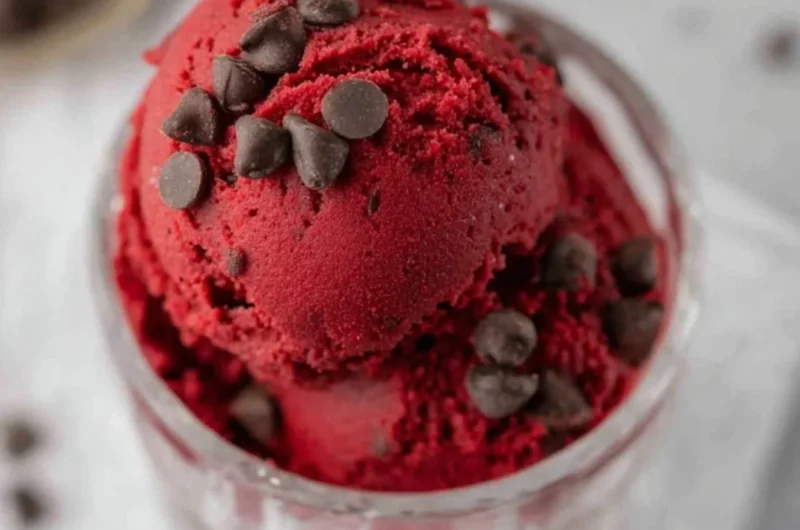 Delicious red velvet edible cookie dough in a bowl