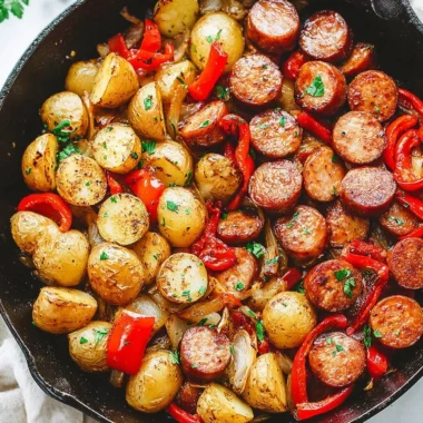 Smoked sausage and potato skillet in a pan ready to serve
