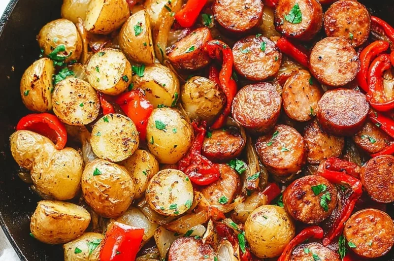 Smoked sausage and potato skillet in a pan ready to serve