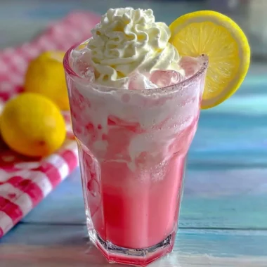 Glass of strawberries and cream lemonade with fresh berries on top