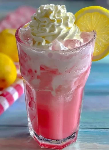 Glass of strawberries and cream lemonade with fresh berries on top