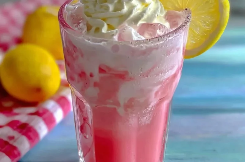 Glass of strawberries and cream lemonade with fresh berries on top