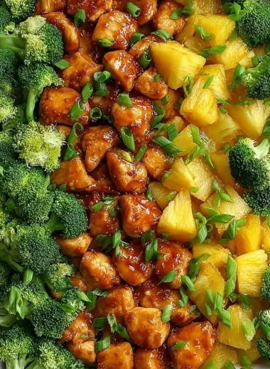 Sweet Sheet Pan Pineapple Chicken with Broccoli dish ready to serve