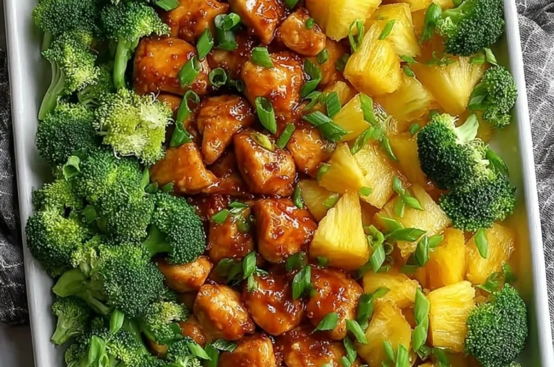 Sweet Sheet Pan Pineapple Chicken with Broccoli dish ready to serve