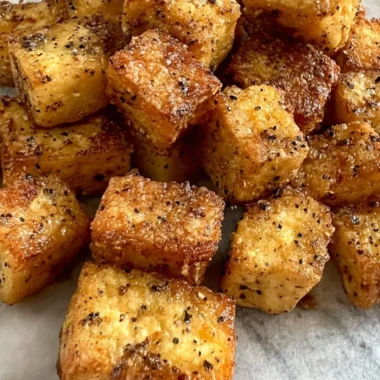 Ultimate crispy pan fried tofu served with veggies and sauce