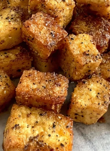 Ultimate crispy pan fried tofu served with veggies and sauce