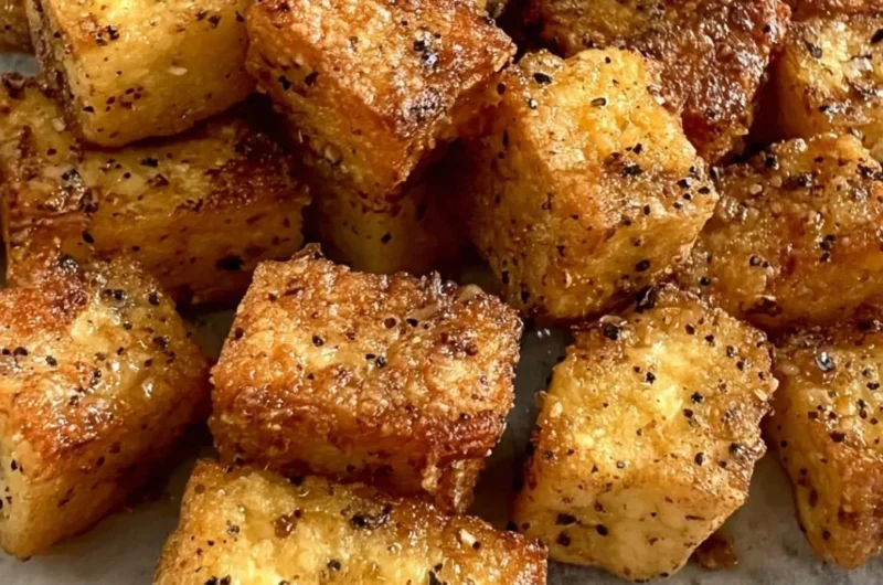 Ultimate crispy pan fried tofu served with veggies and sauce