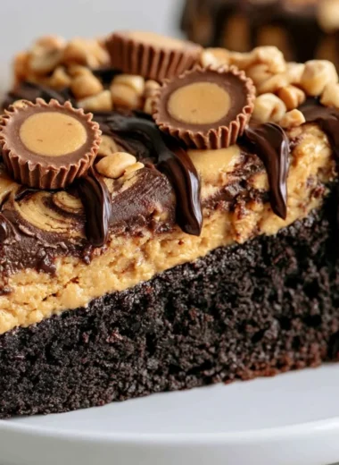 Delicious 1-bowl Peanut Butter Cup Dump Cake served on a plate
