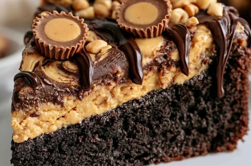 Delicious 1-bowl Peanut Butter Cup Dump Cake served on a plate