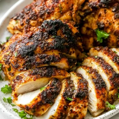 Crispy air fryer boneless chicken thighs garnished with herbs