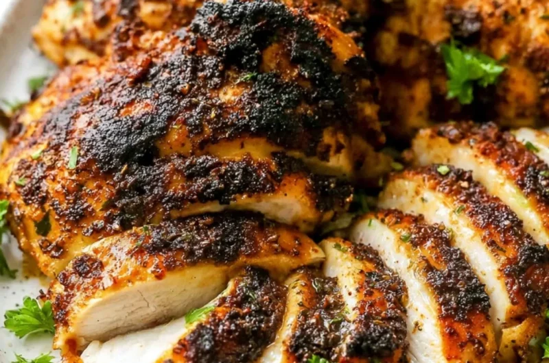 Crispy air fryer boneless chicken thighs garnished with herbs