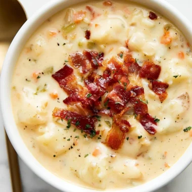 Bacon Potato Soup garnished with crispy bacon and chives in a bowl