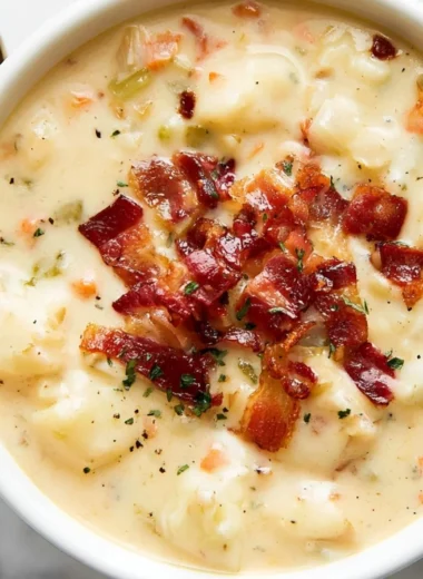 Bacon Potato Soup garnished with crispy bacon and chives in a bowl