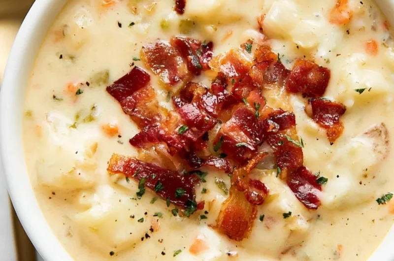 Bacon Potato Soup garnished with crispy bacon and chives in a bowl