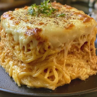 Baked cream cheese spaghetti casserole topped with melted cheese and herbs