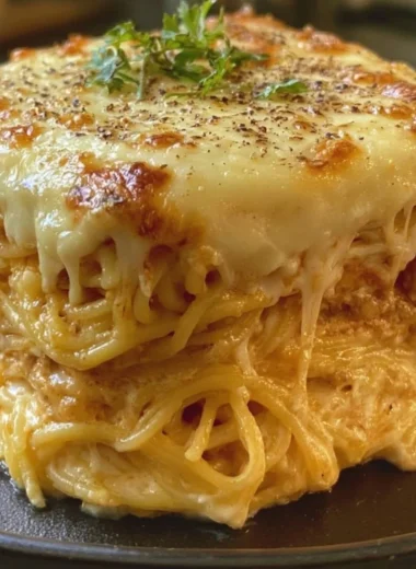 Baked cream cheese spaghetti casserole topped with melted cheese and herbs