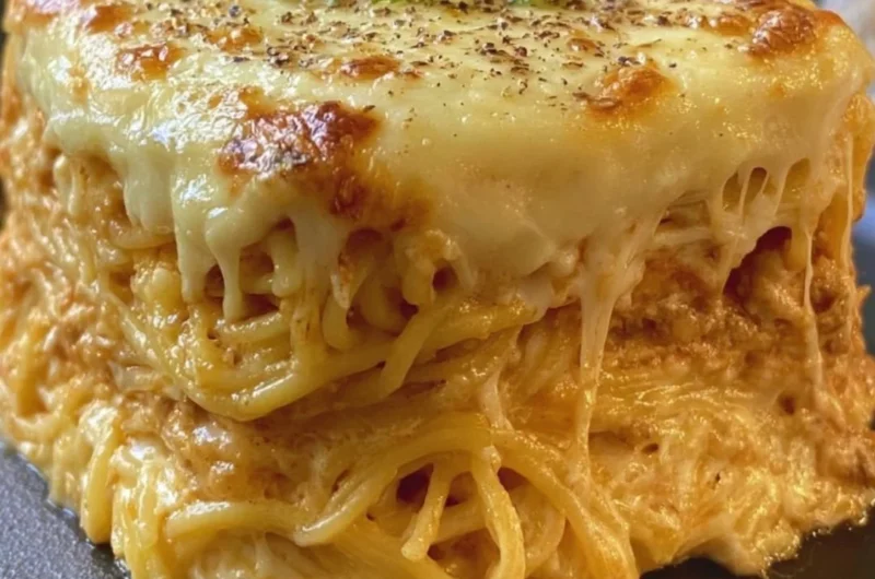 Baked cream cheese spaghetti casserole topped with melted cheese and herbs