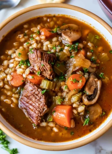 Hearty beef barley soup with fresh vegetables and herbs in a bowl