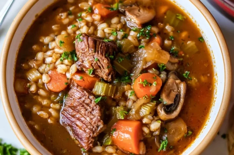 Hearty beef barley soup with fresh vegetables and herbs in a bowl