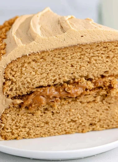 Delicious Biscoff Cake topped with creamy frosting and Biscoff crumbs.
