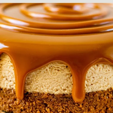 Delicious Biscoff Cheesecake with a caramel drizzle and cookie crumbs