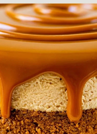 Delicious Biscoff Cheesecake with a caramel drizzle and cookie crumbs