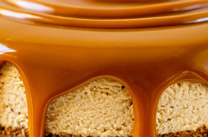 Delicious Biscoff Cheesecake with a caramel drizzle and cookie crumbs