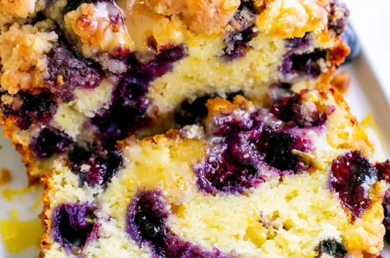 Freshly baked Blueberry Lemon Loaf with blueberries and lemon zest.