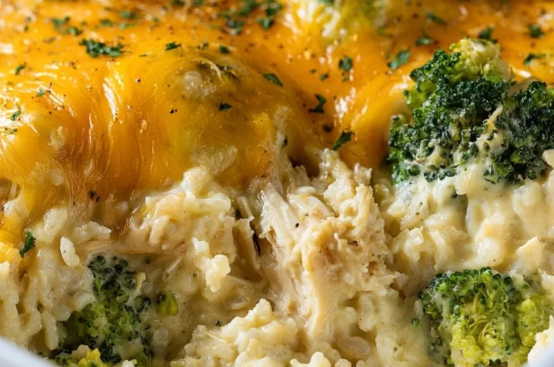 Cheesy broccoli chicken and rice casserole served in a baking dish