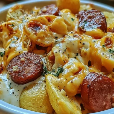 Delicious Cheesy Ranch Potatoes garnished and served with smoked sausage.
