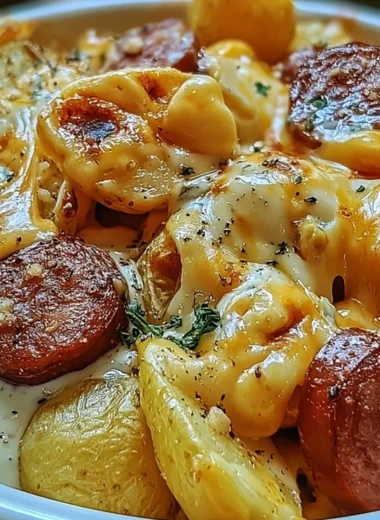 Delicious Cheesy Ranch Potatoes garnished and served with smoked sausage.