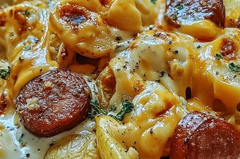 Delicious Cheesy Ranch Potatoes garnished and served with smoked sausage.