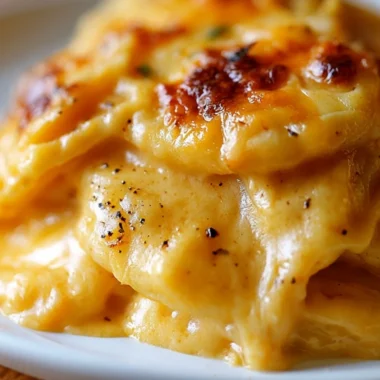 Cheesy scalloped potatoes topped with gooey cheese and herbs