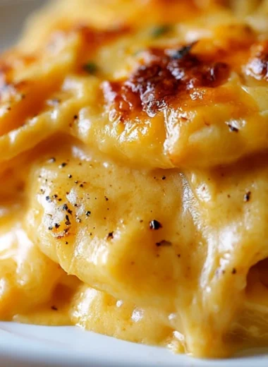 Cheesy scalloped potatoes topped with gooey cheese and herbs