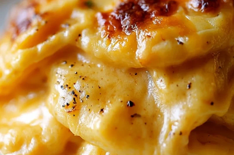 Cheesy scalloped potatoes topped with gooey cheese and herbs