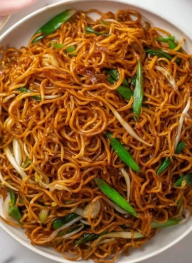 Delicious plate of Chow Mein with vegetables and noodles