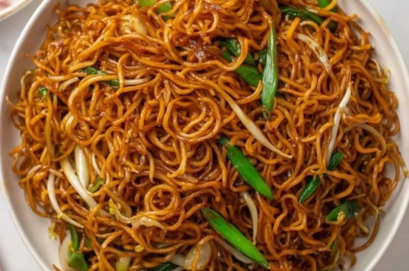Delicious plate of Chow Mein with vegetables and noodles