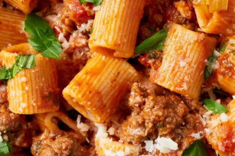 A pot of simmering classic Bolognese sauce with fresh ingredients.