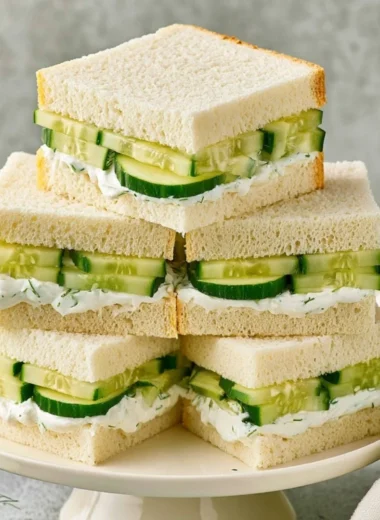 Classic cucumber sandwiches served on a plate with fresh ingredients.