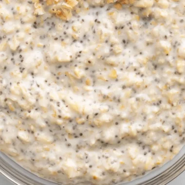 Coconut Cream Pie Overnight Oats topped with coconut and chia seeds.