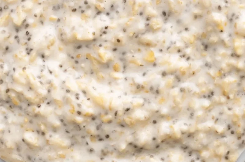 Coconut Cream Pie Overnight Oats topped with coconut and chia seeds.